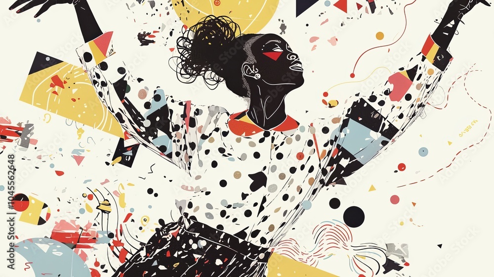 Poster a dynamic abstract image of a dancer surrounded by geometric shapes and vivid colors, expressing joy