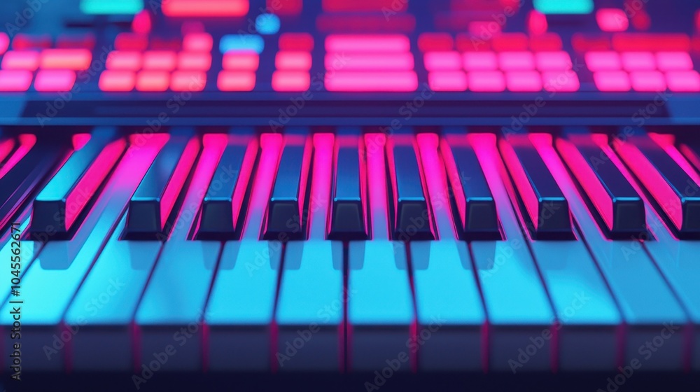 Poster close-up of colorful electronic keyboard keys with vibrant lights and reflections.
