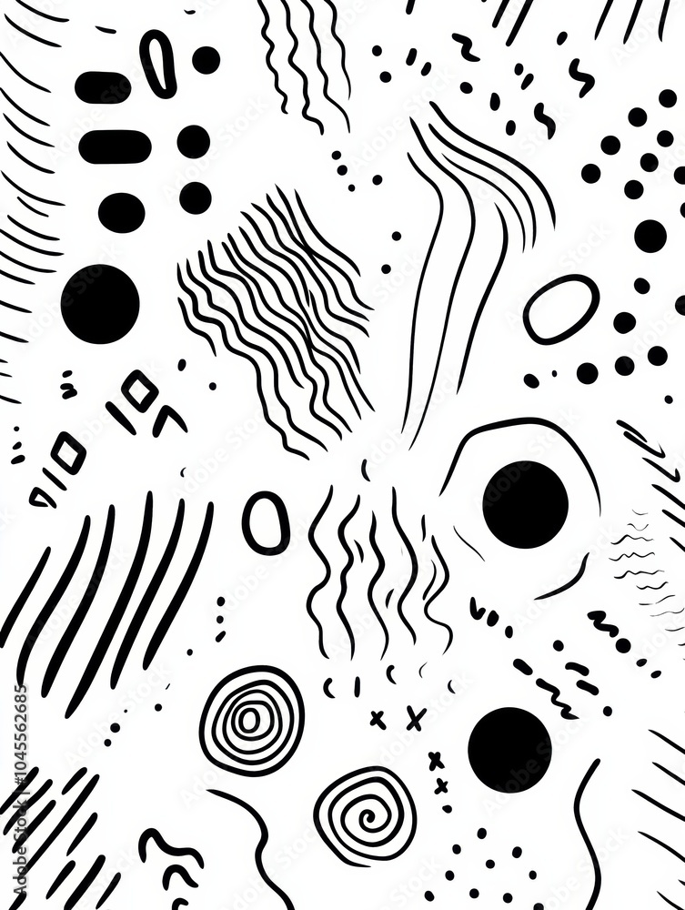 Leinwandbilder An array of abstract doodles showcases intricate patterns, including circles, zigzags, and spirals, creating a dynamic visual experience. Generative AI