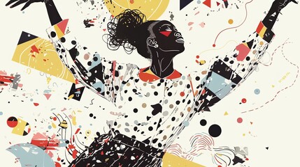 A dynamic abstract image of a dancer surrounded by geometric shapes and vivid colors, expressing joy and movement in a contemporary artistic style.