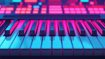 Close-up of colorful electronic keyboard keys with vibrant lights and reflections.