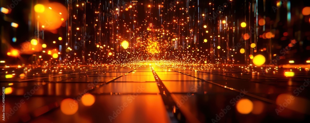 Poster abstract golden light particles with a reflective surface in a dynamic, modern environment.