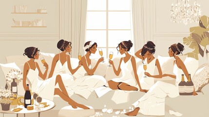 A group of women in bathrobes celebrate with mimosas, embodying friendship and elegance in a chic, comfortable environment under soft, warm lighting.