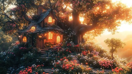 A whimsical cottage surrounded by vibrant flowers and a large tree at sunset.