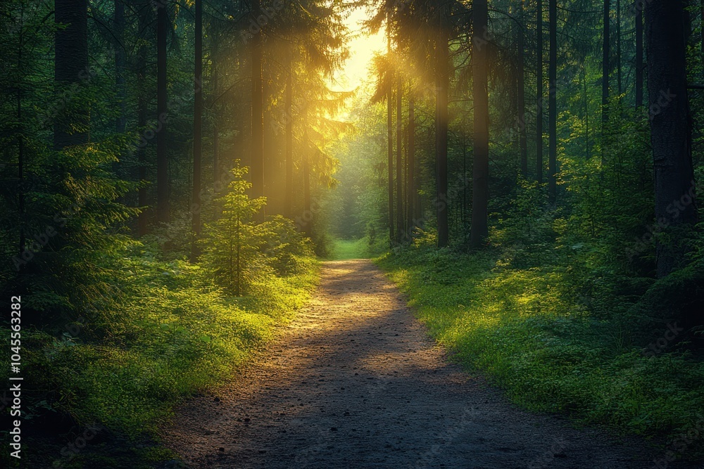 Poster a serene forest path illuminated by soft sunlight filtering through trees.