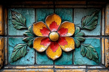 Cracked Tile Mosaic with a Flower and Leaves