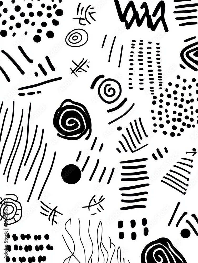 Poster various abstract black and white doodles showcase captivating patterns, lines, and shapes, creating 