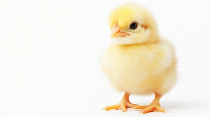 Fototapeta premium A fluffy yellow chick stands on a white background.