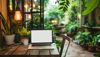 Fototapeta premium A laptop with a white screen is placed on a wooden desk in front of an...