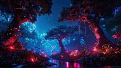 Fototapeta premium A vibrant, mystical forest illuminated by colorful lights and reflections in the water.