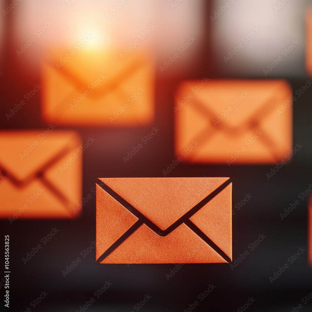 Poster stylish orange envelopes against a blurred background representing communication and messaging.