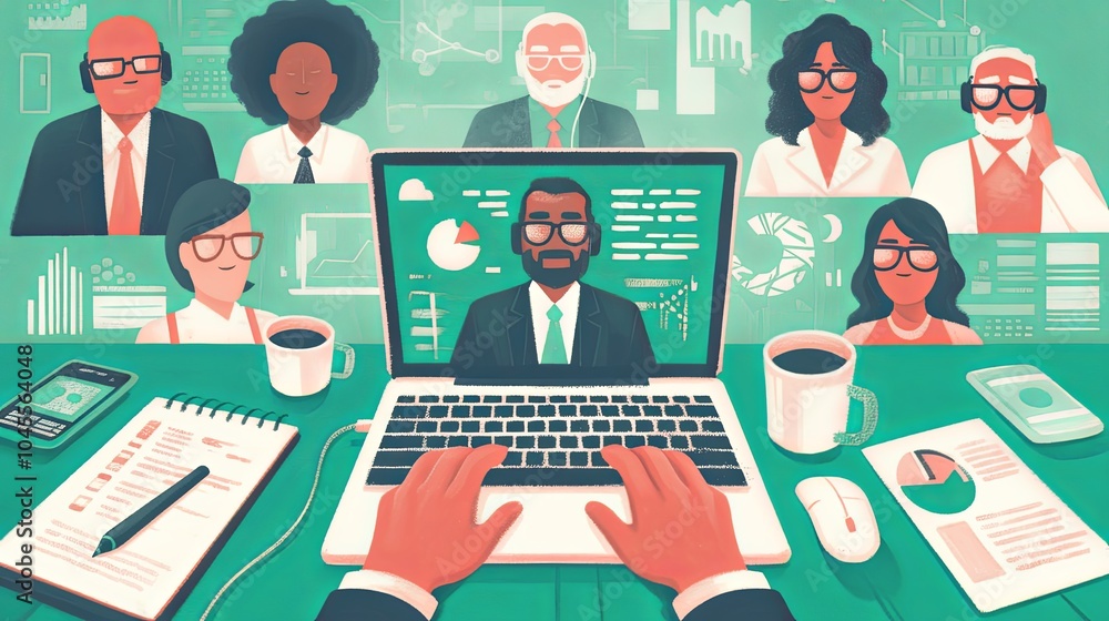 Poster a digital illustration of a virtual meeting environment featuring diverse professionals displayed on