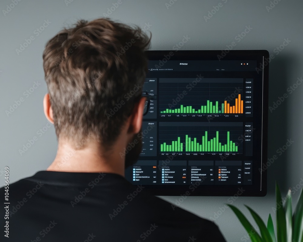 Poster person analyzing data on a screen in a modern workspace, focused on performance metrics and visual s