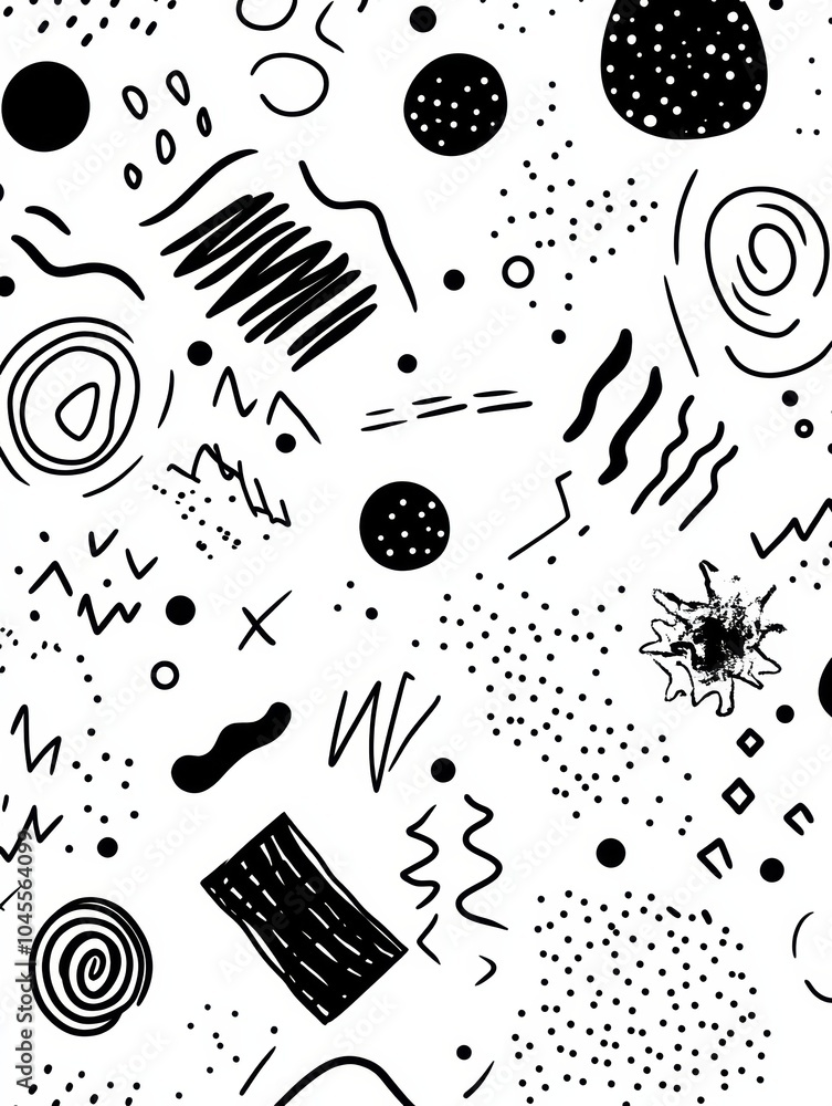Poster a collection of black and white doodles showcases various patterns including circles, lines, zigzags