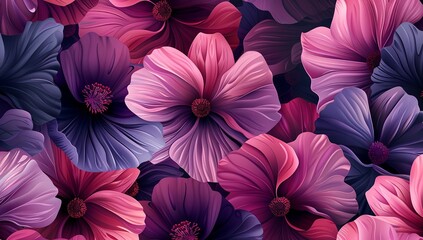 A seamless pattern of large pink and purple flowers, their petals gently...