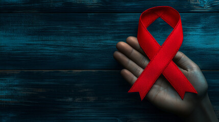 hand showing aids awareness ribbon on wooden background, global health and solidarity, raising awareness, hope and support, prevention and care