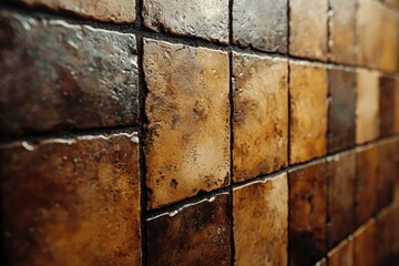 Close-up of a Wall Covered in Square Tiles with a Rough, Textured Surface