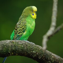 Vibrant green budgerigar perched on a tree branch with a blurred natural background