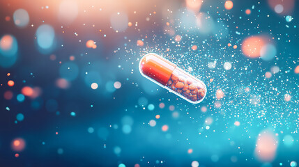 medical capsule in the air, healthcare essentials, pill therapy, treatment care, pharmaceuticals and care