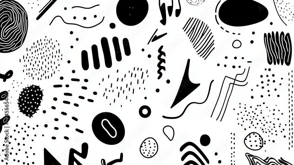 Poster dynamic doodles with black and white patterns showcase a mix of lines, circles, and spirals, enhanci
