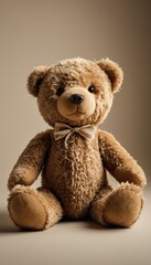 Fototapeta premium Adorable teddy bear with a bowtie sitting against a soft neutral background