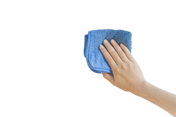 A hand holding a blue microfiber cleaning cloth against a white background. copy space