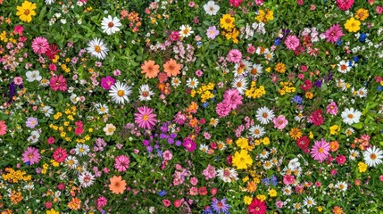 An elevated perspective of a spring meadow filled with wildflowers in full bloom, captured from above. The array of colors stretches as far as the eye can see, creating a mosaic of vibrant hues.