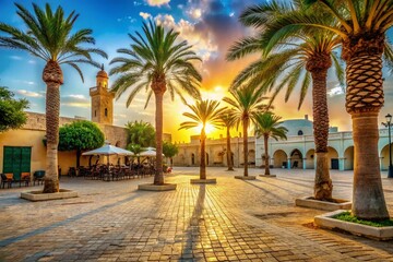 Obraz premium Bokeh Effect of Tall Palm Tree in Sousse, Tunisia - Vibrant Square Scene
