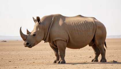 Obraz premium Close-up of a powerful rhinoceros standing in a desert landscape under bright sunlight