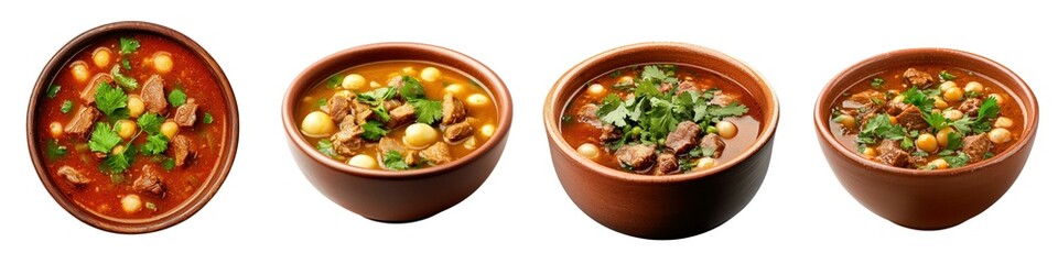 Four vibrant bowls of delicious stew, each featuring hearty ingredients and topped with fresh herbs, showcasing a variety of colors and textures.