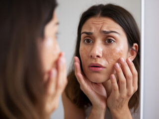 A woman examines her face in the mirror, showing concern over her skin condition, highlighting issues like blemishes and texture.