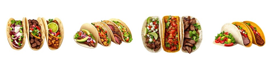 A colorful display of various tacos filled with meat, vegetables, and toppings, perfect for a delicious meal or celebration.
