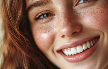 Obraz premium Closeup photo portrait of a beautiful young woman smiling with clean teeth 