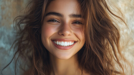 Fototapeta premium Closeup photo portrait of a beautiful young woman smiling with clean teeth 
