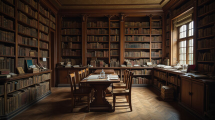 Vintage Books on Wooden Shelves in an Old Library - Antique Book Collection, Historical Study, Reading Room