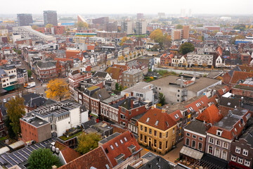 Aerial view of the Dutch city of Groningen: houses and streets, older buildings in the foreground, new construction in the background