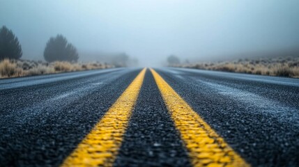 An empty road is depicted with a blurred background to convey motion