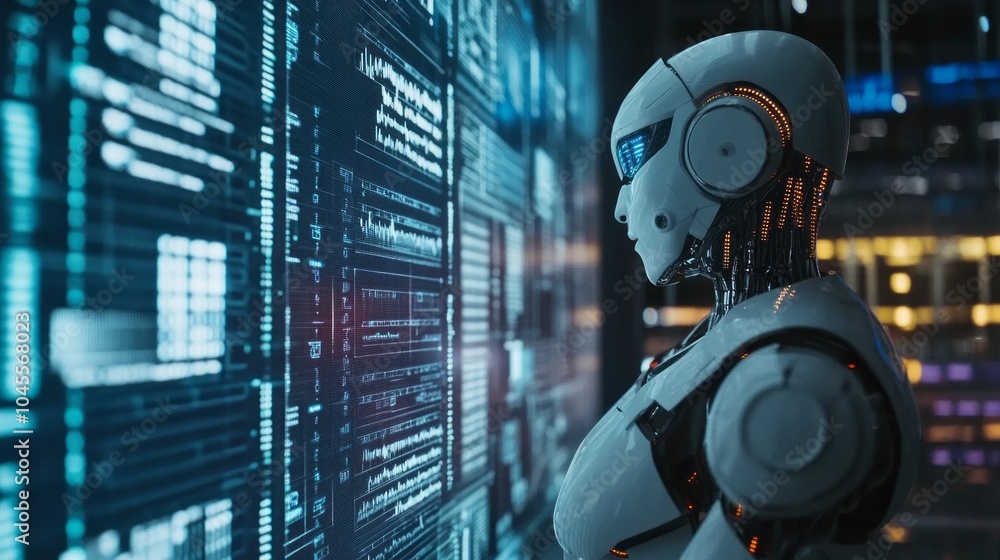 Poster A robot is standing in front of a computer monitor with a lot of numbers