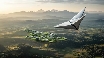 Sci-fi paper plane with metallic wings, soaring through the air above a futuristic, self-sustaining green city built into the landscape