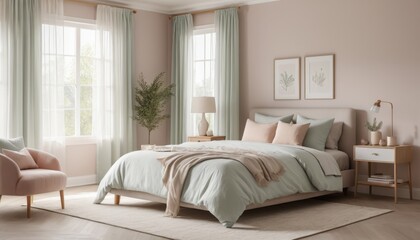 Soft pastel bedroom with queen-size bed and natural light, calming interior design