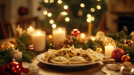 Traditional Polish Pierogi on a Festive Holiday Table with Christmas Decorations