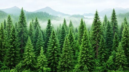 Obraz premium Misty Pine Forest Landscape with Mountains in Background