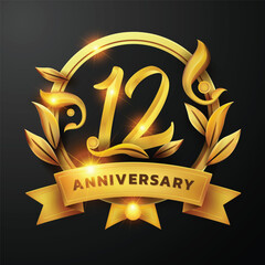 12nd Anniversary design a golden ribbon and golden leaf Decorated around the number '12' on a black background. Perfect for celebrating milestones or promoting anniversary events with a luxurious.