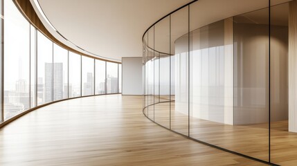 Modern open space with sleek curved glass walls, warm light wooden flooring, inviting ambiance for creative possibilities.