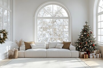 Cozy living room with a sofa, arched window, and a beautifully decorated Christmas tree in a minimalist modern interior design.
