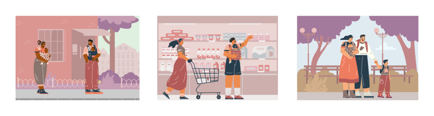 Obraz premium Vector set of parents carrying children in a carrier, in a cityscape.