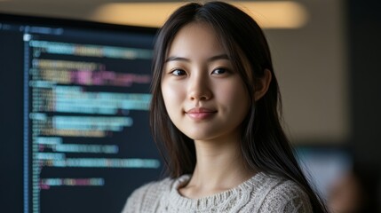Naklejka premium The integration of technology and human expertise in software development is presented by a young Asian woman programmer in front of an LCD screen with code projected