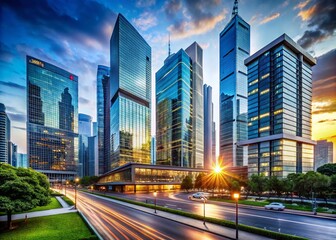 Fototapeta premium Business Center Amid Highrise Buildings - Dynamic Panoramic View for Corporate Settings