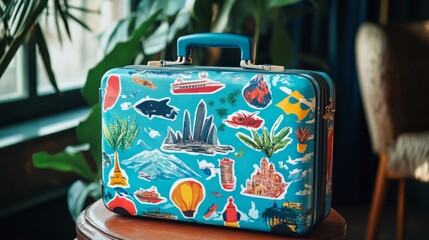 Travel suitcase adorned with colorful travel stickers, showcasing a variety of destinations and themes, emphasizing the spirit of adventure and exploration