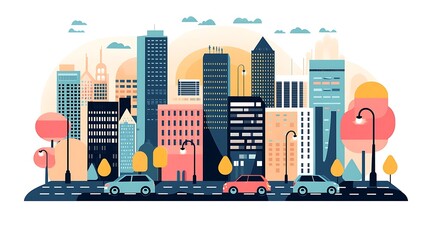 Obraz premium A flat color vector design of a cityscape at sunset, featuring tall buildings, streetlights, and cars in minimalist geometric forms with bold color blocks 